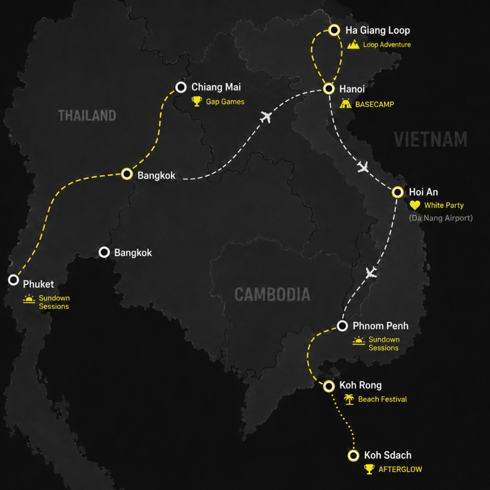 Route map across Thailand, Vietnam and Cambodia